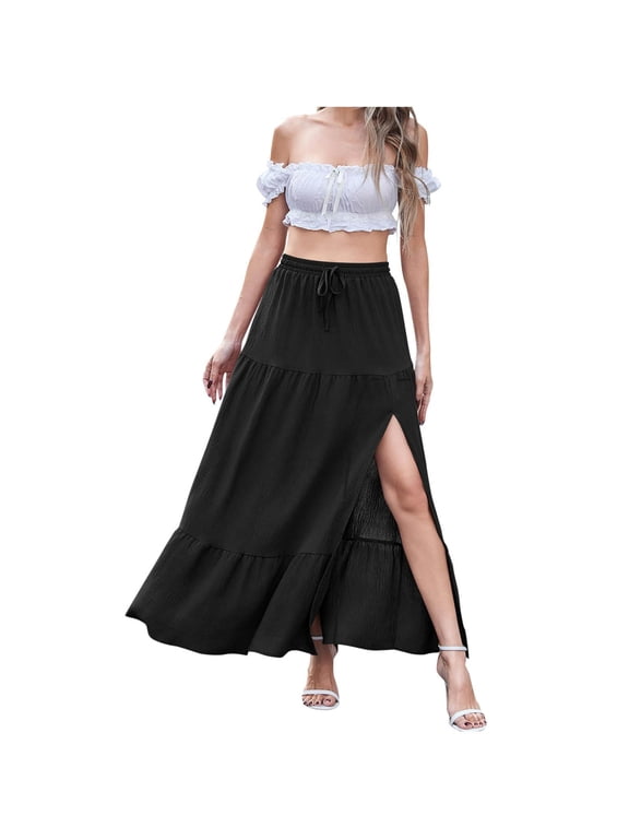 Long Skirts for Women,Maxi Skirt,Women's Elastic Waist High Split Wrap Flowy Long Maxi Skirt Black M