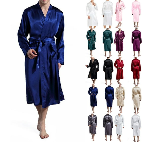 THDHVS Mens Robe,Pajamas for Men,Plus Size Satin Robe Silk-like Bathrobe Lightweight Soft Loungewear Nightwear Silver S