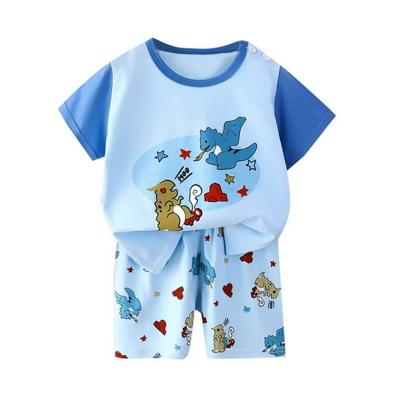 THDHVS Boys Casual Outfits,Summer Outfits for Kids,Toddler Boy Cotton Summer Short Sleeve T-Shirt and Short Set Blue 3-4 Years