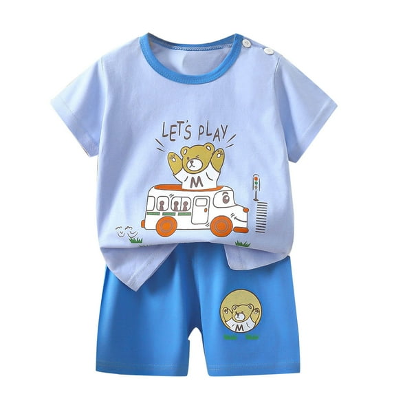 THDHVS Boys Casual Outfits,Summer Outfits for Kids,Toddler Boy Cotton Summer Short Sleeve T-Shirt and Short Set Sky Blue 3-4 Years