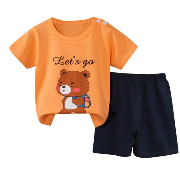 THDHVS Newborn Boy Outfits,Boys Summer Outfits,Toddler Boy Summer Outfits Short Sleeve Dinosaur Print Patchwork Top T-shirt with Pocket Pant Set Orange 18-24 Months