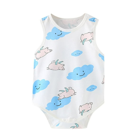 THDHVS Newborn Girl Casual Outfits,Summer Onesies for Newborn ,Newborn Baby Cute Print Cotton Sleeveless Thin Sweat Breathable Pajamas Blue 12-14 Months