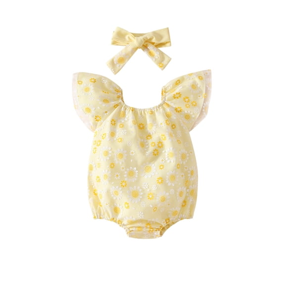 THDHVS Newborn Girl Outfits,Newborn Onesies Girl,Summer Toddler Girl Print Mesh Fly Sleeves Ha Yi Bao Fart Suit bow Headband 2-piece Set Yellow 3-6 Months