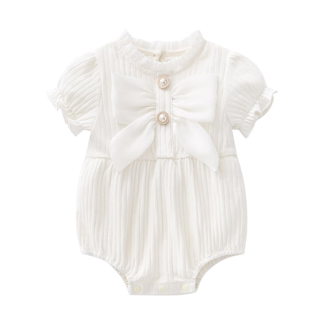 THDHVS Newborn Casual Outfits,Baby Solid Color Cotton Short Sleeve Round Neck Jumpsuit White