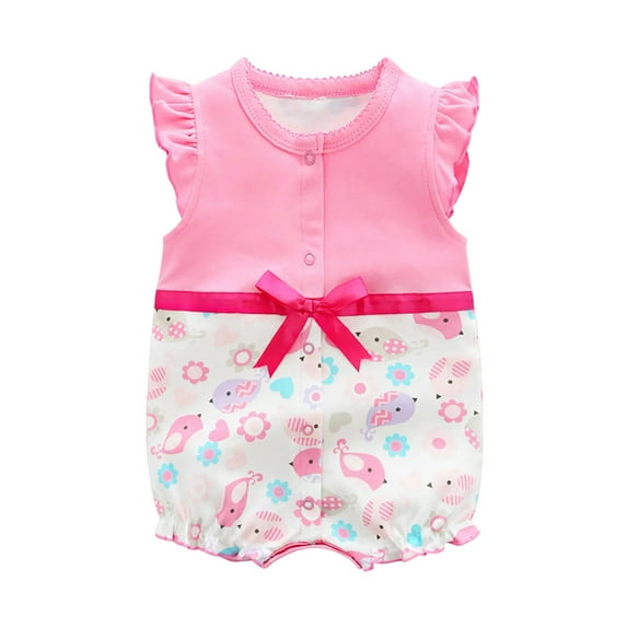 Summer Savings! THDHVS Newborn Casual Outfits,Summer Onesies for Newborn ,Toddler Baby Girls Short Sleeve Print Color T-Shirt Round Neck Jumpsuit Romper Pink 12-18 Months