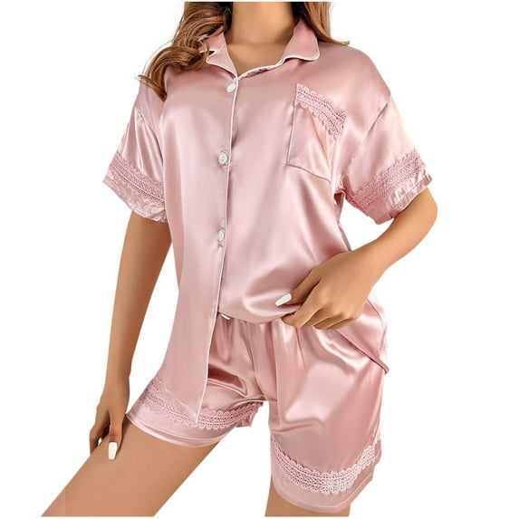 THDHVS Pajamas for Women Set,Womens Pajama Sets,Womens Satin Pajamas Short Sleeve Loungewear Two-Piece Sleepwear Button-Down Pja Set Pink L