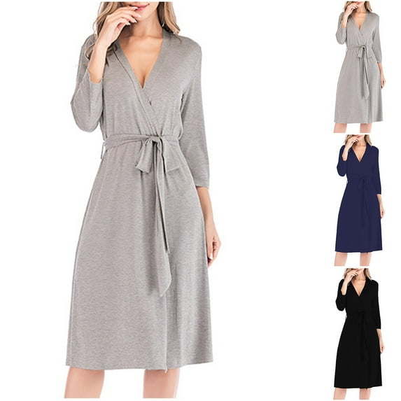 THDHVS Robes for Women,Womens Pajamas,Women Robes Long Knit Bathrobe Lightweight Soft Knit Sleepwear V-neck Casual Ladies Loungewear Navy L