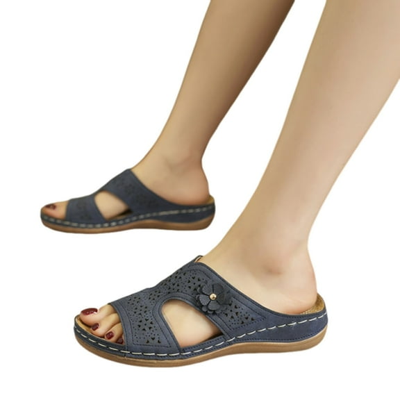 THDHVS Flat Sandals for Women,Women's Sandals,Women's Fashion Casual Summer Hollow Flower Thick-Soled Slippers One-Line Wedge Heel Beach Sandals Blue 5.5