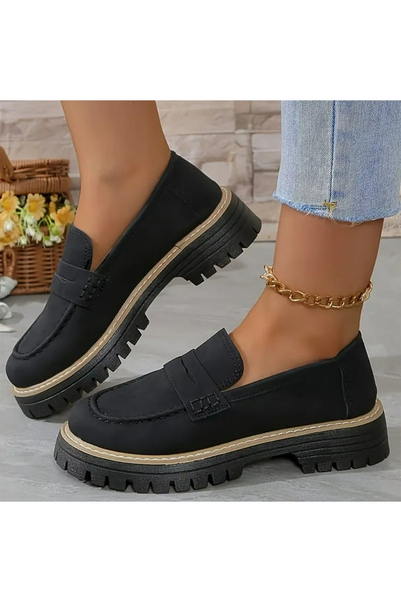 Casual Shoes for Women,Womens Dress Shoes,Women's Fashion Casual Spring Retro Frosted Round Head Thick Heel Thick Bottom Loafers Mid Heel Shoes Black 7