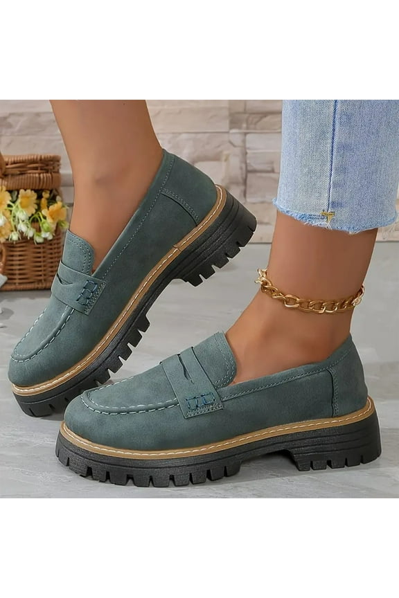 Casual Shoes for Women,Womens Dress Shoes,Women's Fashion Casual Spring Retro Frosted Round Head Thick Heel Thick Bottom Loafers Mid Heel Shoes Green 5.5