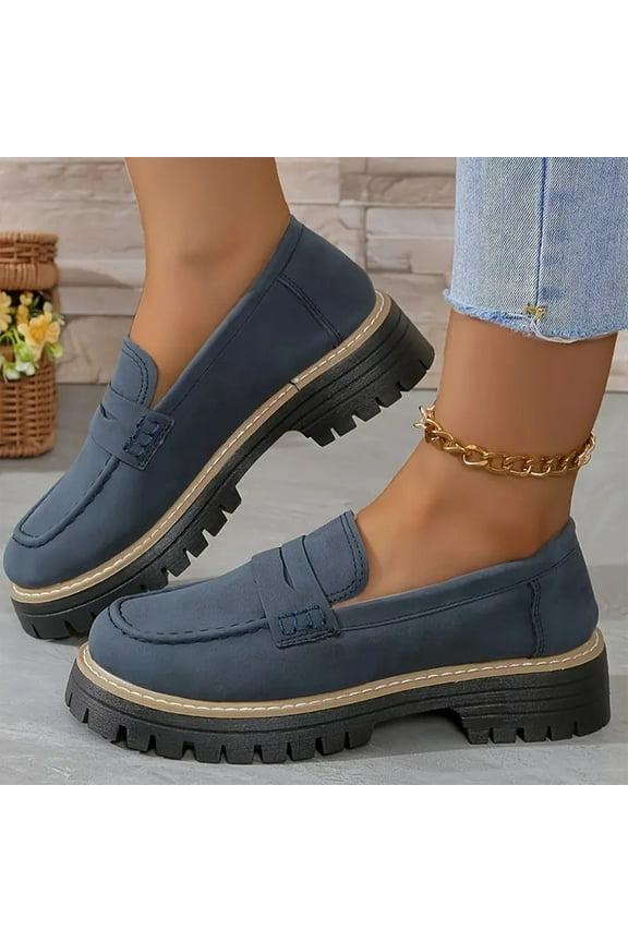 Casual Shoes for Women,Womens Dress Shoes,Women's Fashion Casual Spring Retro Frosted Round Head Thick Heel Thick Bottom Loafers Mid Heel Shoes Dark Blue 9