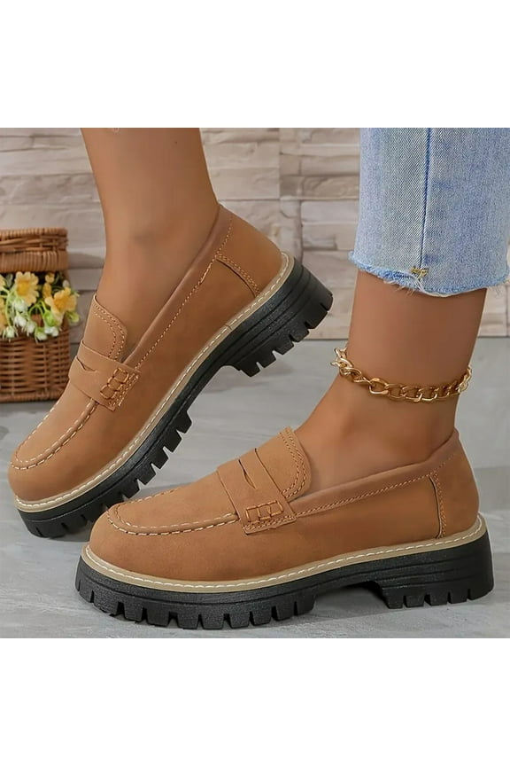 Casual Shoes for Women,Womens Dress Shoes,Women's Fashion Casual Spring Retro Frosted Round Head Thick Heel Thick Bottom Loafers Mid Heel Shoes Brown 5.5