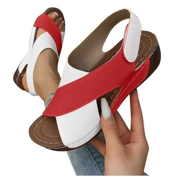 THDHVS Womens Wedge Sandals,Comfortable Sandals for Women,Women's Fashion Casual Summer Style Wedge Heel Outdoor Wear Contrast Color Breathable Thick-Soled Sandals Red 9