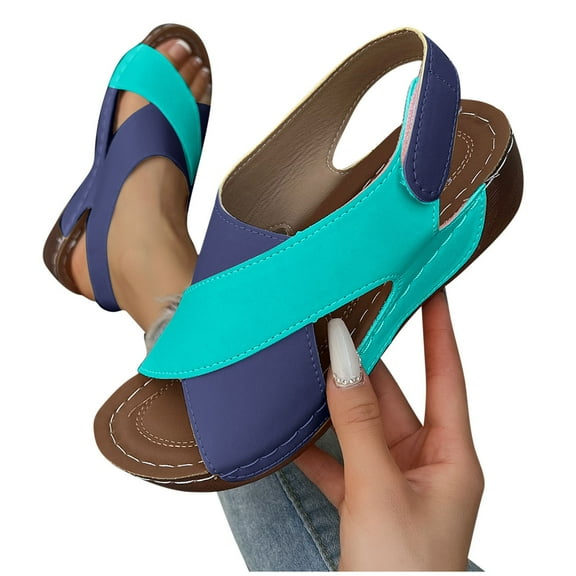 THDHVS Womens Wedge Sandals,Comfortable Sandals for Women,Women's Fashion Casual Summer Style Wedge Heel Outdoor Wear Contrast Color Breathable Thick-Soled Sandals Blue 6.5