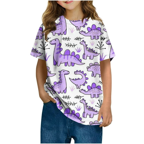 THDHVS Toddler Summer T-shirts,Summer Casual Tops for Kids,Toddler Kids Boys Girls Little Dinosaur Print T-shirt Fashion Cute Round Neck Print Short Sleeve T-shirt Purple 13-14 Years