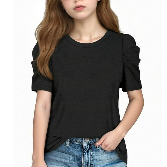 THDHVS Shirts for Girls,Girls Tops,Summer Fashion Girls Puff Short Sleeve Tops Kids T Shirts Round Neck Tees 4-14 Years Black 5-6 Years