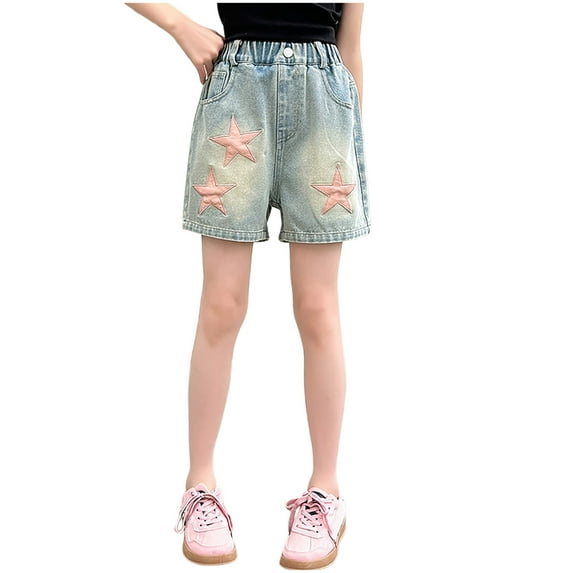 THDHVS Shorts for Teen Girls,Kids Shorts,Girls' Fashion Star Print Decorative Buckle Pocket Denim Shorts Light Blue 9-10 Years