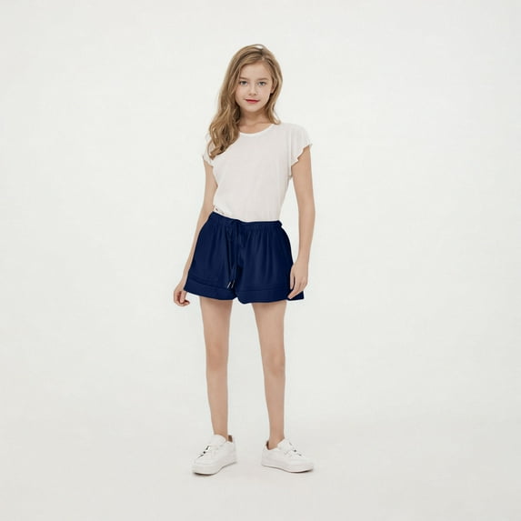 THDHVS Girls' Shorts,Shorts for Girls,Solid Color Button Detail Shorts with Elastic Waist for Boys and Girls Casual Everyday Summer Wear Style Navy