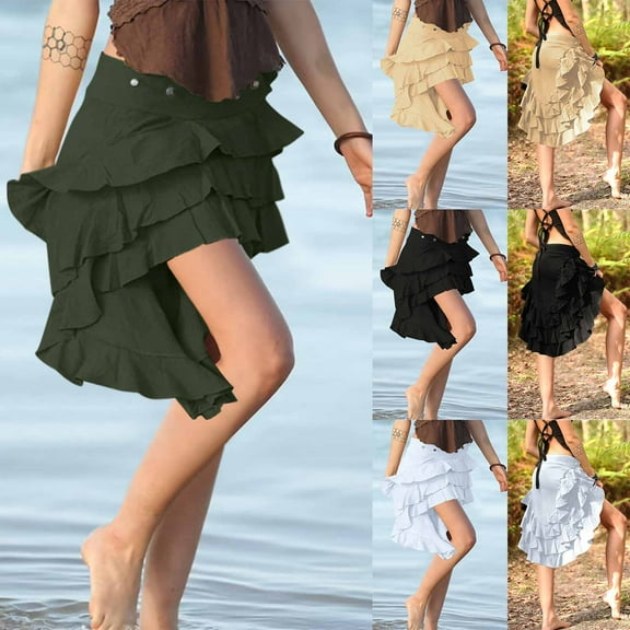 THDHVS Flowy Skirt,Skirts for Women,Women's Casual Solid Button Irregular Multi-layer Wear Pocket Mid Length Skirts Army Green M