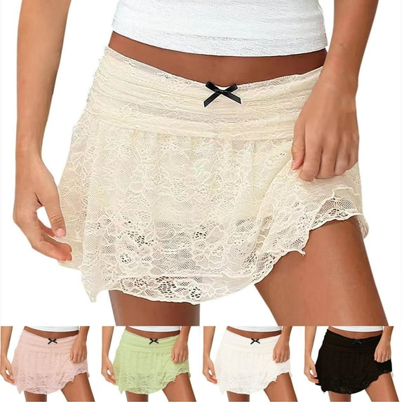 THDHVS Flowy Skirt,Womens Fashion Solid Color Lace Bow Bilateral Base Stacking Short Skirt Green S