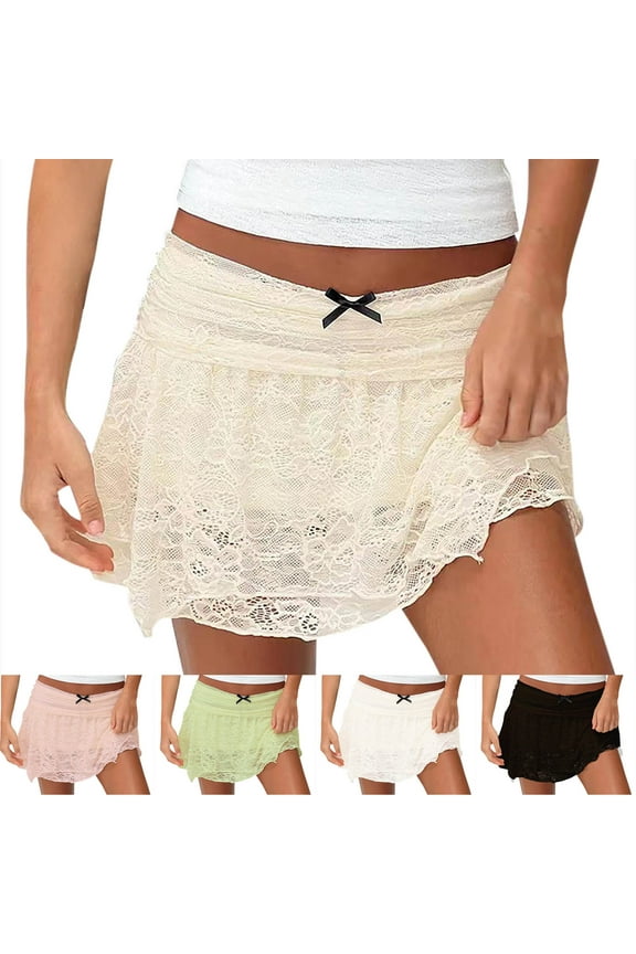 Flowy Skirt,Skirts for Women,Womens Fashion Solid Color Lace Bow Bilateral Base Stacking Short Skirt Khaki S