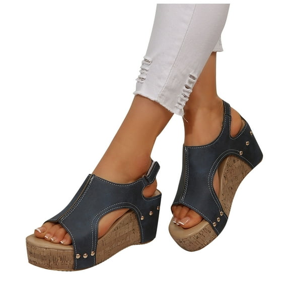 THDHVS Wedge Sandals for Women,Womens Sandals Comfortable,Women's Heeled Sandals Open Toe Slide Sandals Dark Blue 5.5