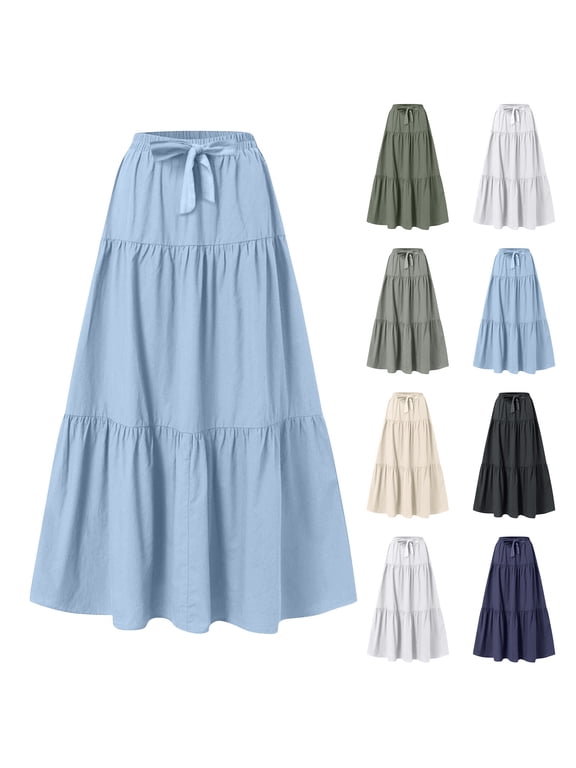 Women's Skirts,Long Skirts for Women,Summer Women's Fashion Solid Color Drawstring Pocket Elastic Waist Skirt Black 2XL
