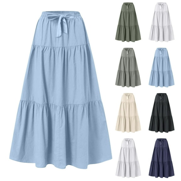 THDHVS Women's Skirts,Long Skirts for Women,Summer Women's Fashion Solid Color Drawstring Pocket Elastic Waist Skirt Light Blue S