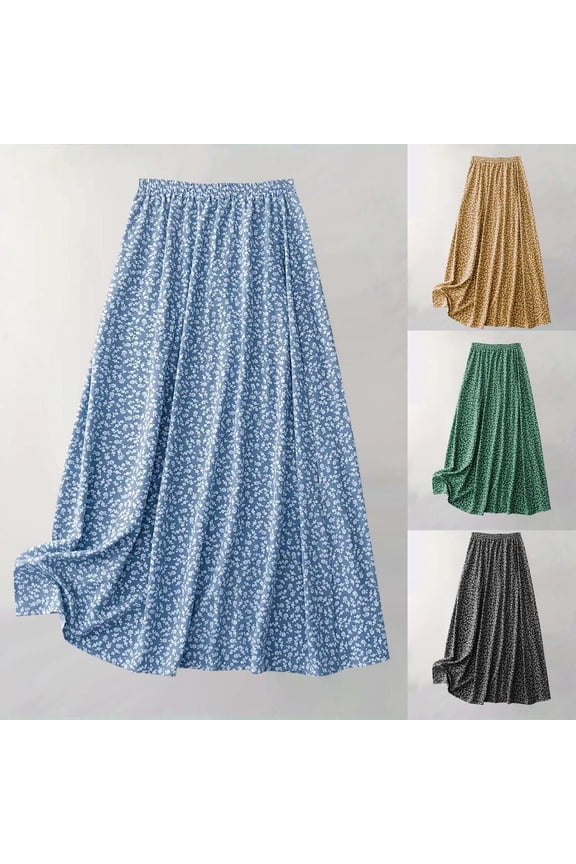 Long Skirts for Women,Maxi Skirt,Women's Small Floral Print Loose Casual Front Slit Mid Length Skirt Green L