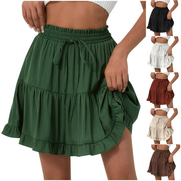 THDHVS Flowy Skirt,Skirts for Women,High Waisted Floral Mini Skirt Drawstring Boho Print Ruffle Summer Short Skirts White S