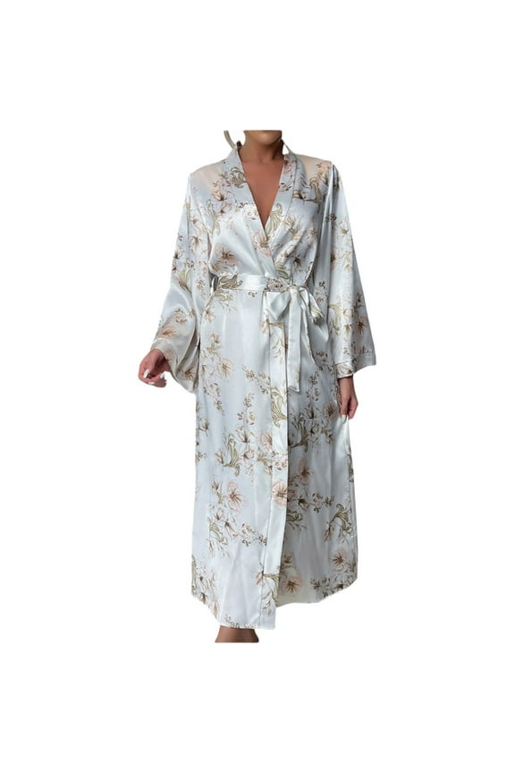 Womens Robe,Bathrobe for Women,Women's Floral Long Satin Robes Plus Size Long Ice-cream Silk Robes Peacock Floral Kimonos Sleepwear Dressing Gown White L