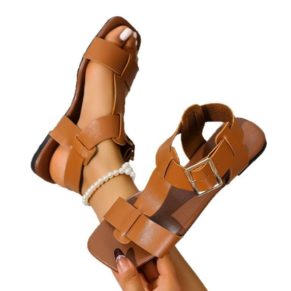 THDHVS Flat Sandals for Women,Sandals Women,Women's Fashion Casual Belt Buckle Spring and Summer Flat Hollow Sandals Brown 6.5