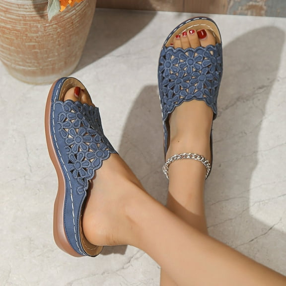 THDHVS Beach Sandals,Womens Sandals,Women's Fashion Casual Summer Flower Hollow Large Size Wedge Heel Fish Mouth Beach Slippers Blue 8.5