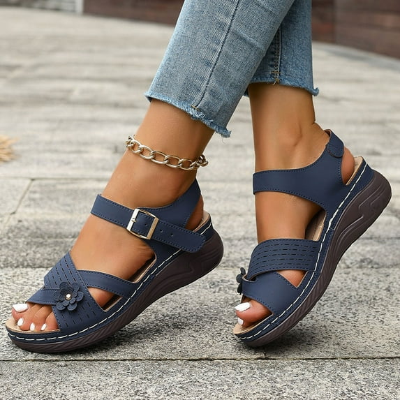 THDHVS Womens Sandals,Comfortable Sandals for Women,Women's Fashion Casual Summer Style Fish Mouth Sandals Belt Buckle High Heel Sandals Navy 7