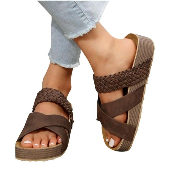 THDHVS Women's Sandals,Sandals for Women,Women's Fashion Casual Woven Spring and Summer Breathable Flat Thick-Soled Sandals Brown 4