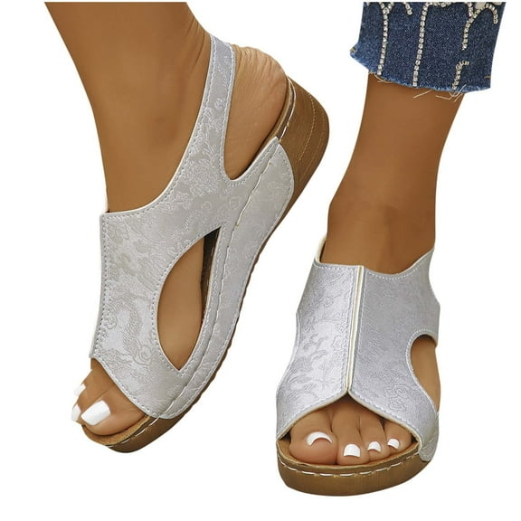 THDHVS Wedge Sandals for Women,Sandals Women,Women's Fashion Print Spring and Summer Casual Thick-soled Wedge-heeled Beach Sandals Silver 5.5