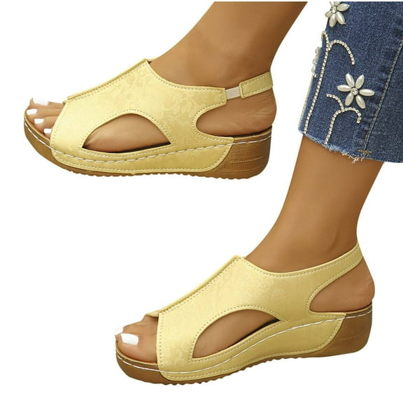 THDHVS Wedge Sandals for Women,Sandals Women,Women's Fashion Print Spring and Summer Casual Thick-soled Wedge-heeled Beach Sandals Gold 7