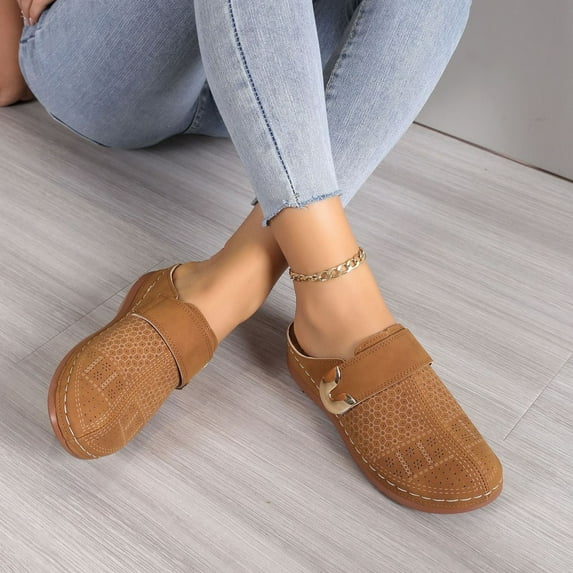 THDHVS Women's Sandals,Sandals for Women,Women's Fashion Casual Hollow Buckle Decorative Toe Sandals Thick-Soled Half Slippers Brown 8.5