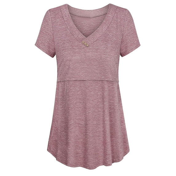 Ohufall Women's Maternity Nursing Tops Fashion Solid V-neck Breastfeeding Tee Shirts Flowy Double Layer Short Sleeve Pregnancy Shirts for Women