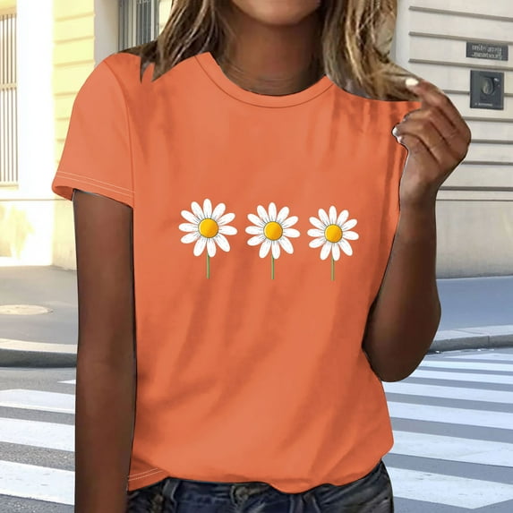 Summer Savings 2025!Women Short Sleeve Tops for Work Womens T Shirts Cotton Floral Shirts for Women Cotton Round Neck Blouses for Women