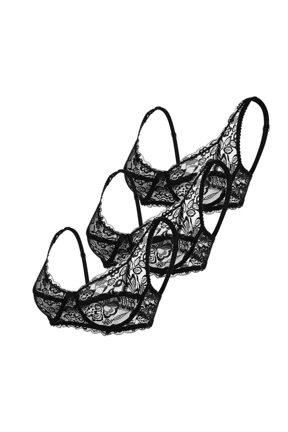Womens 3 Pack Lace Bras, Women's Sexy Lace Bra Demi Sheer Mesh Balconette See Through Bralette Unlined Underwire Embroidered XS-L