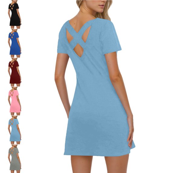 Summer 2025! Womens Dresses Solid Color Fashion Back Hollow Long Dress Short Skirt Summer Plus Size Dresses for Women