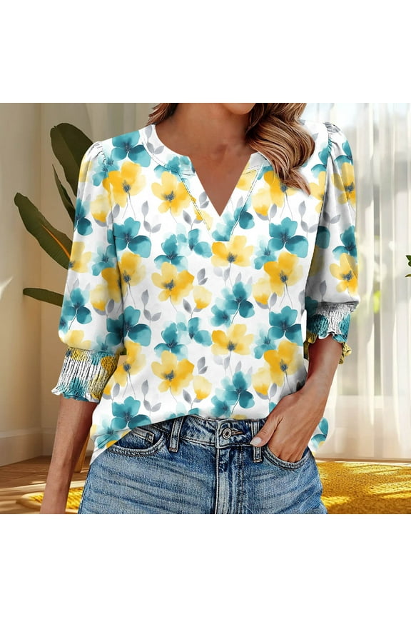 Womens 3/4 Sleeve T Shirts Tops Casual Printed Seven Split Sleeve Stretch Cuff V Neck Tops Summer Fashion Long Style T-Shirts Clothing XXL