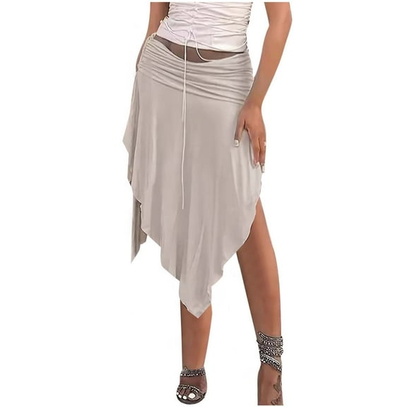 abtuhar Skirts for Women,Women's Flowy Solid Color Irregular Hemline Midi Skirts Beige S
