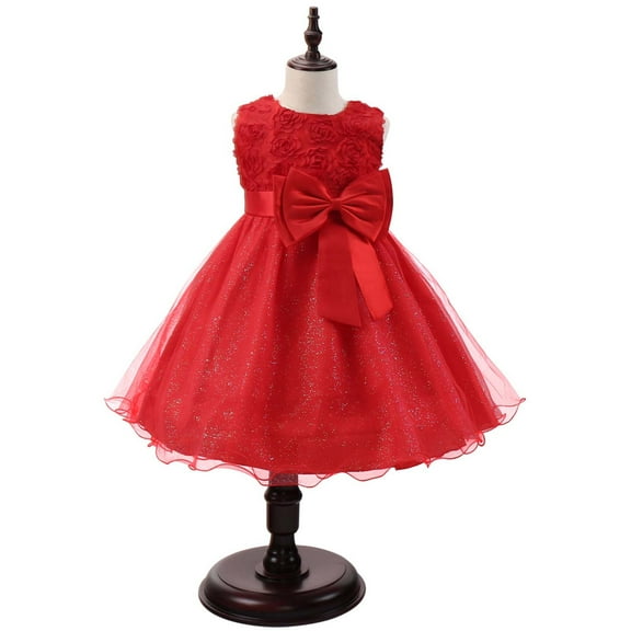 loopsun Children Dress Girls Sleeveless Princess Dress Bow Tie Lace Flowers Mesh Dress Tufted Dress Red 5-6 Years