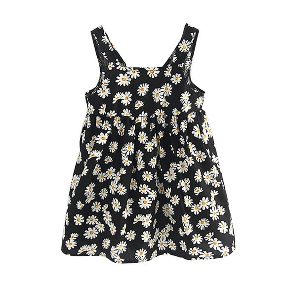 loopsun Summer Girls Sleeveless Suspender Dress Floral Children's Clothing Black 1-1.5 Years
