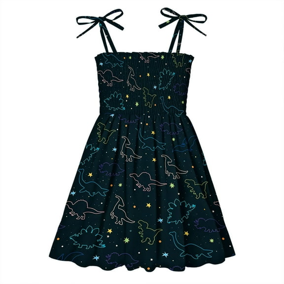 Loopsun Summer Toddler Girls Sleeveless Sling Dress Graphic Print Children's Clothing Black 1-2 Years