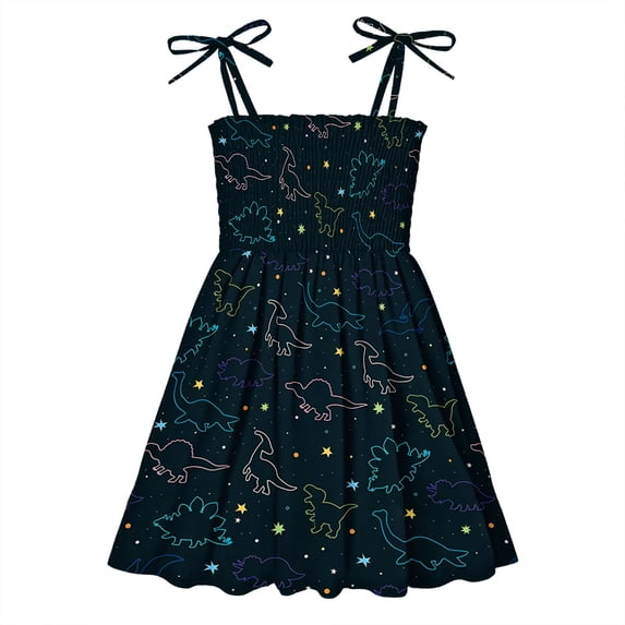 Loopsun Summer Toddler Girls Sleeveless Sling Dress Graphic Print Children's Clothing Black 2-3 Years
