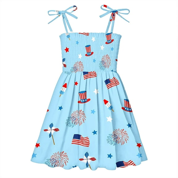 Loopsun Summer Toddler Girls Sleeveless Sling Dress Graphic Print Children's Clothing Blue 2-3 Years