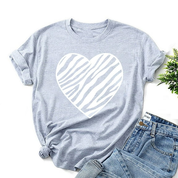 loopsun Summer Tops for Womens,Fashion Women Valentine's Day Print Short Sleeve T-shirt Novelty Graphic Tops Gray XL